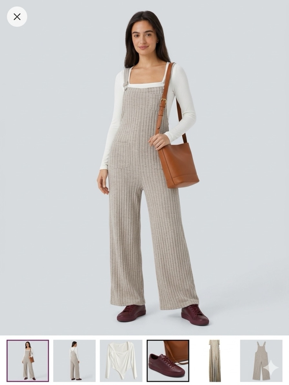 HALARA Beige and Cream Ribbed Knit Overalls